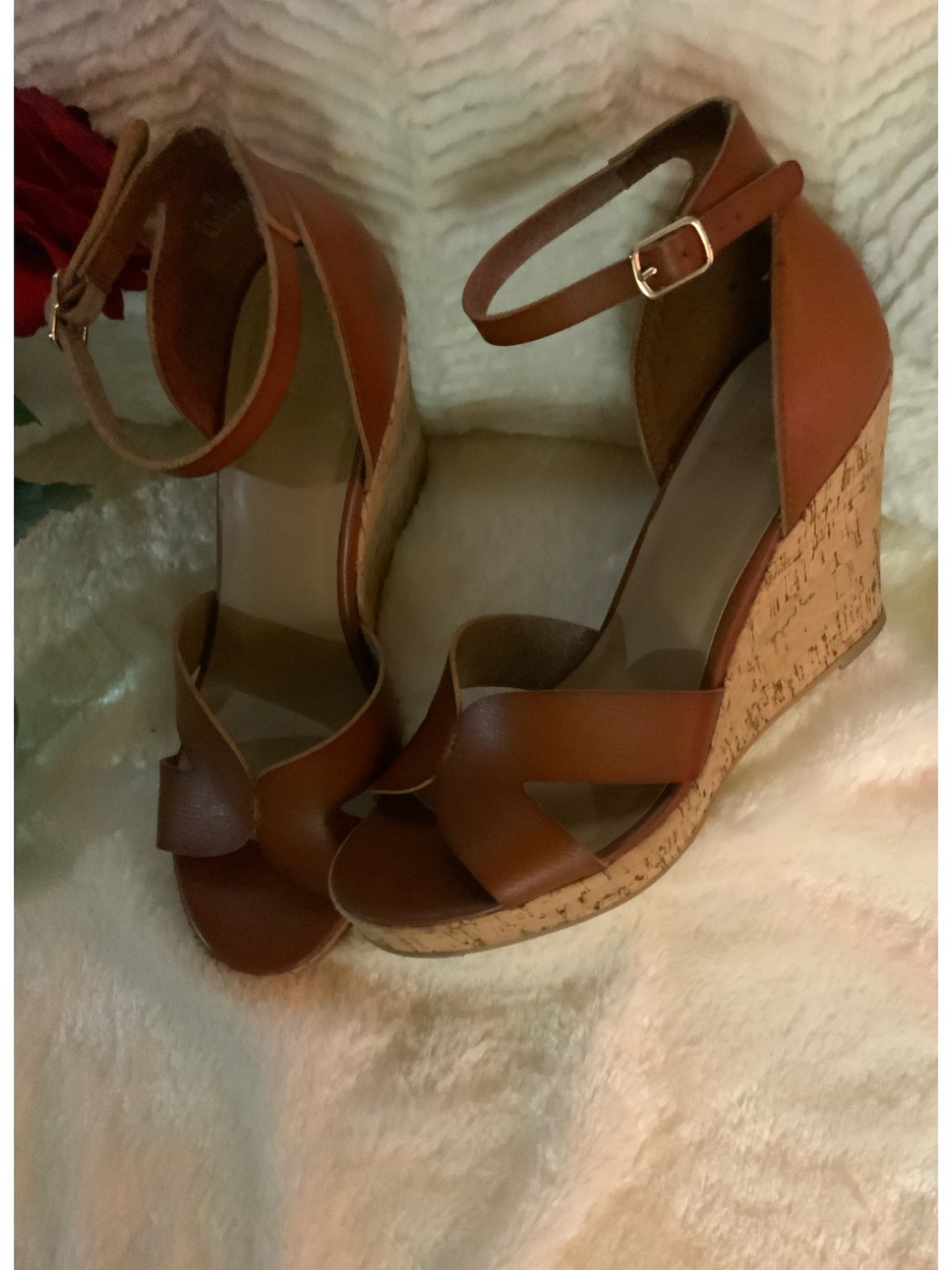 Material Girl a new day Tan Cork Wedge Sandals with Ankle Straps.